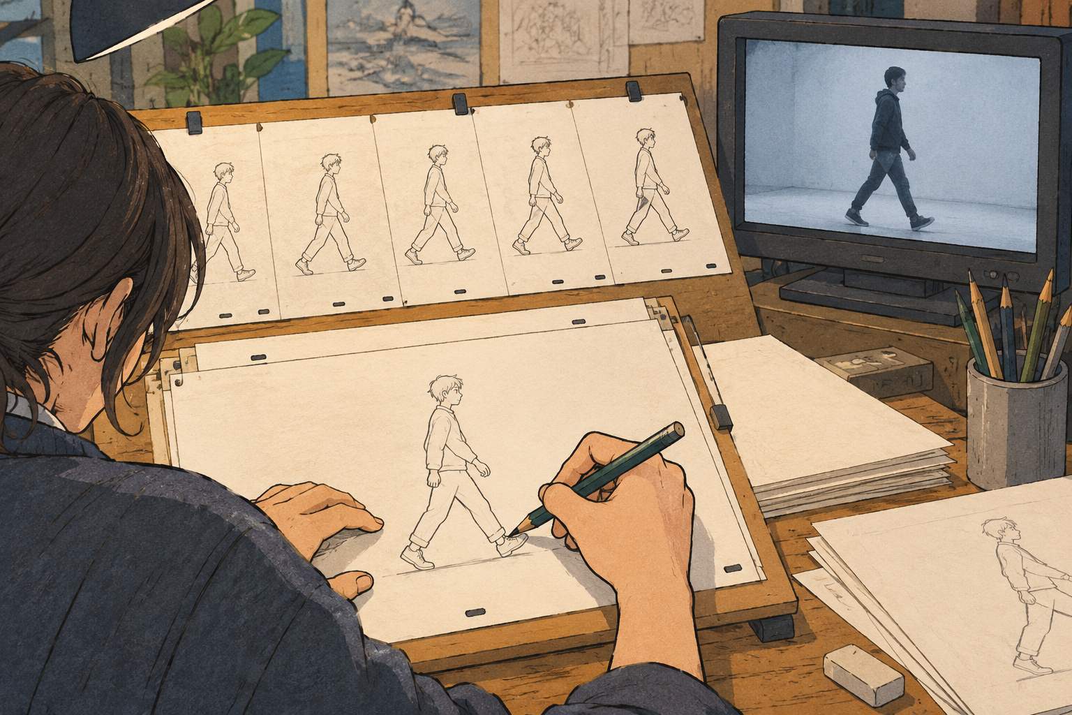 実写の動きを参考にアニメーションを描く作業のイラスト