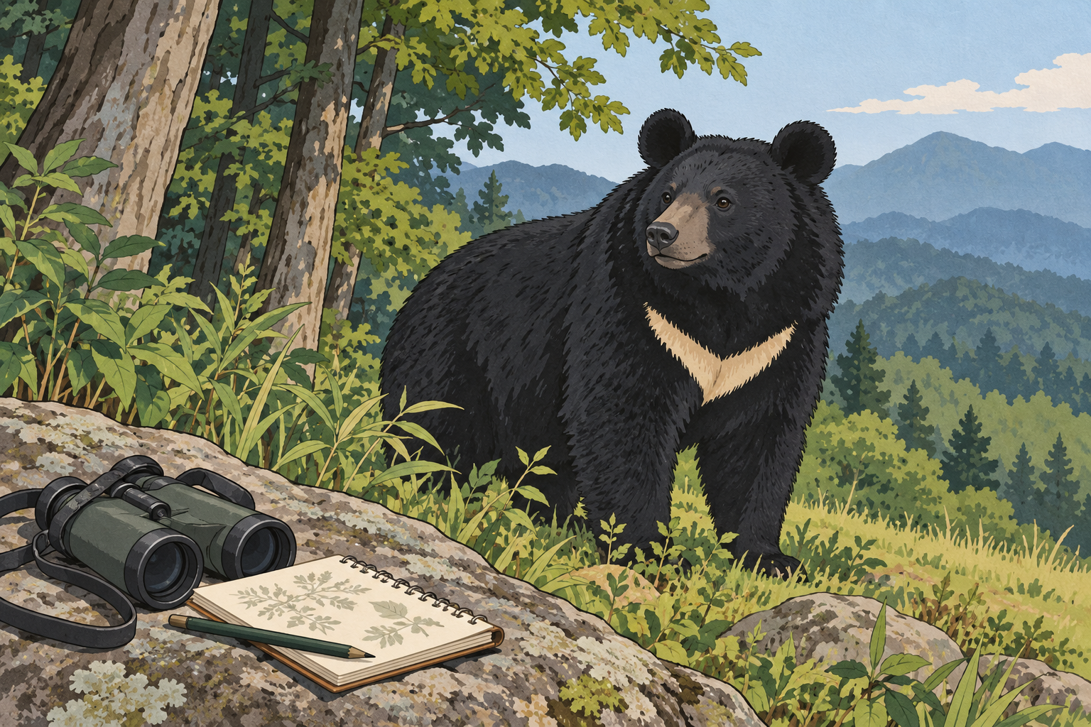 ツキノワグマと野生動物の研究を表したイラスト