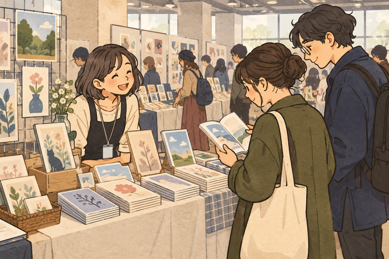 創作同人誌を手に取る人々のイラスト