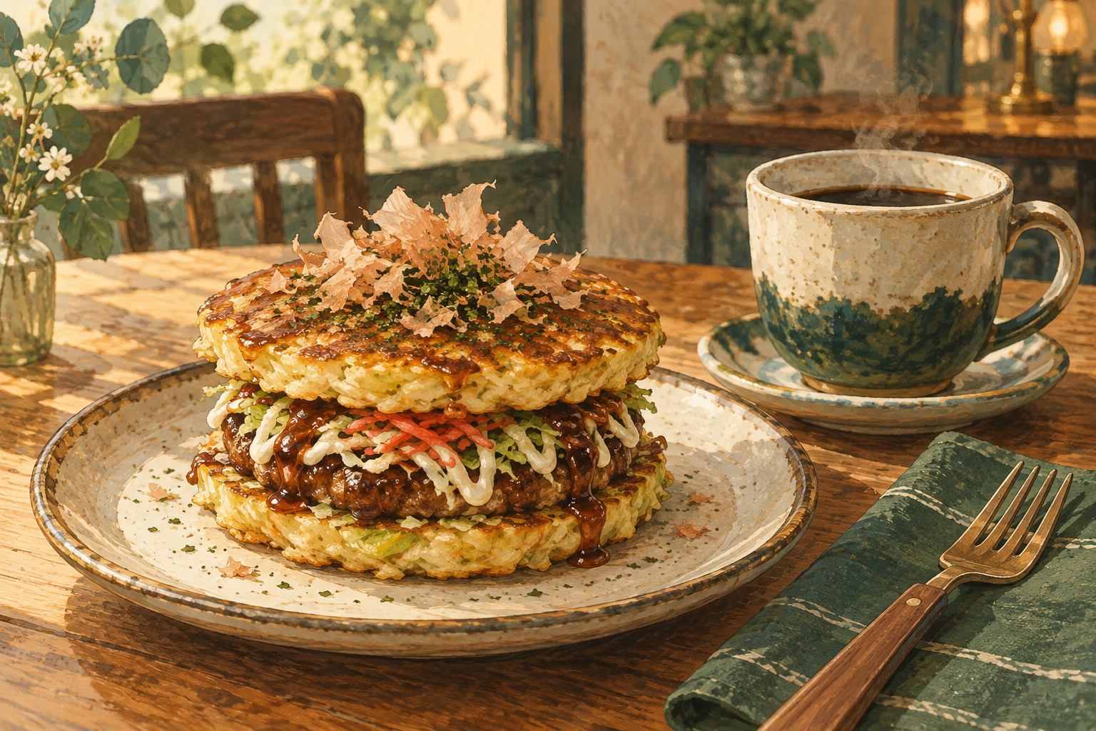 お好み焼き風バーガーと喫茶店を表したAIイラスト