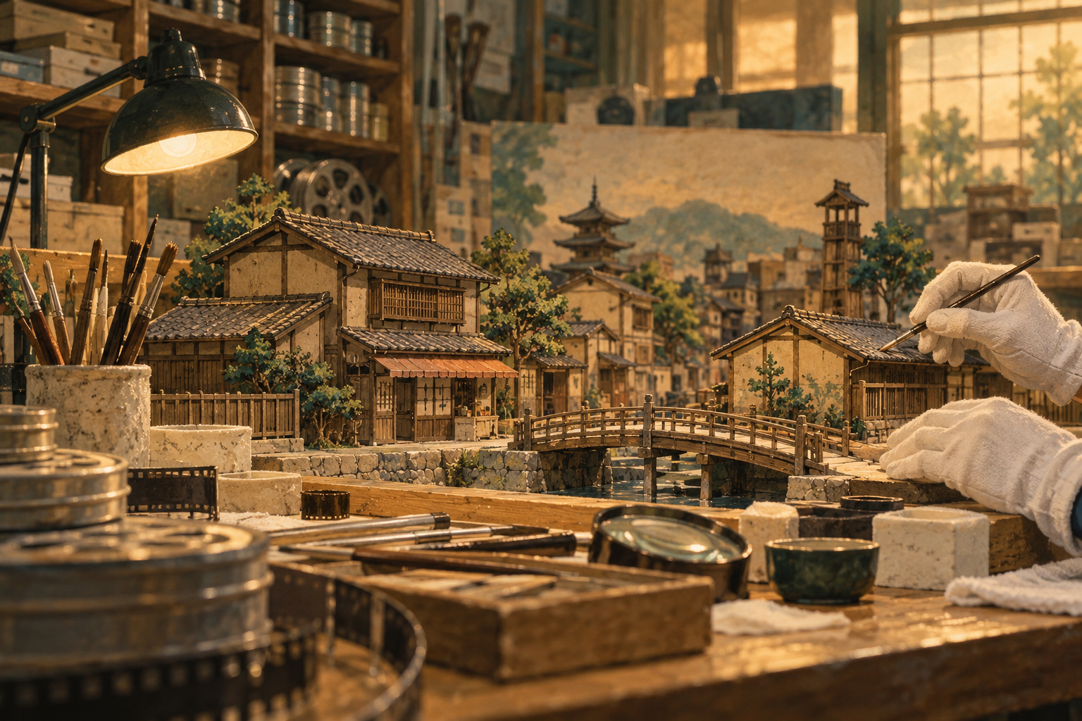 建築ミニチュアの保存作業を表したAIイラスト