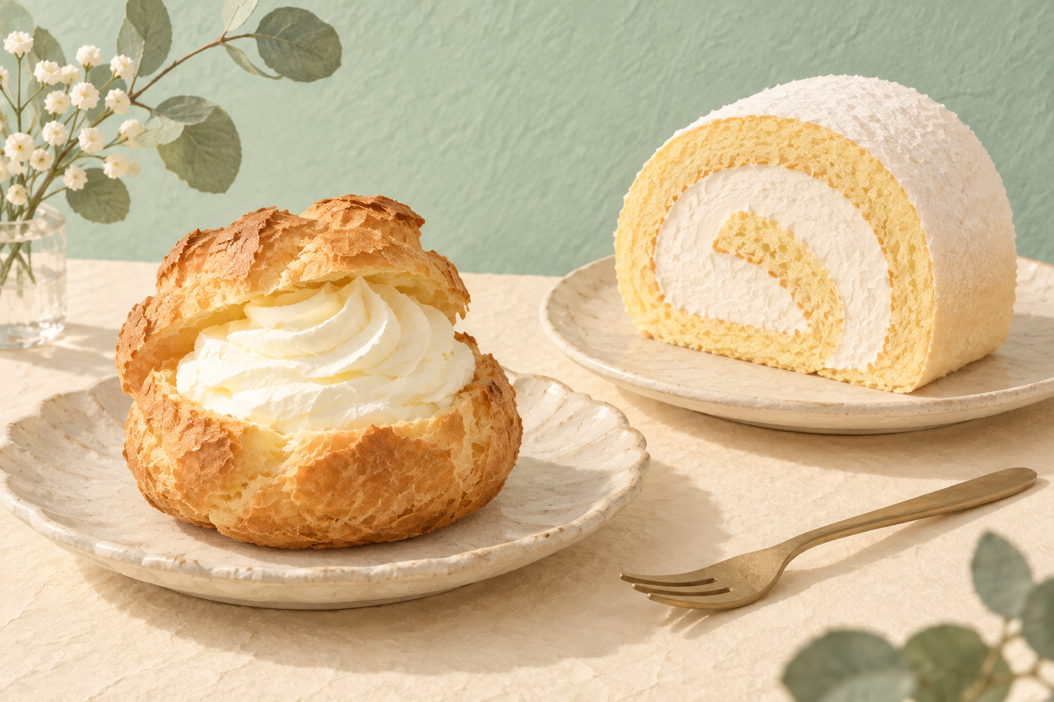 ロールケーキとシュークリーム、ホイップクリームを描いたAIイラスト