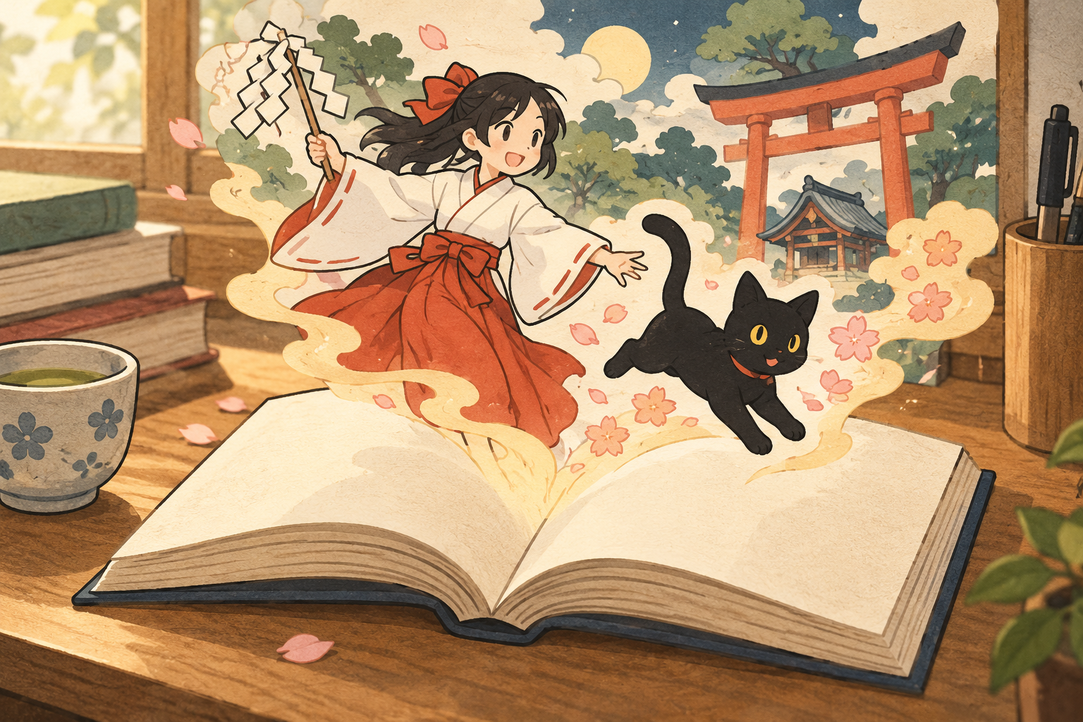 巫女と黒猫を題材にした物語のイメージイラスト