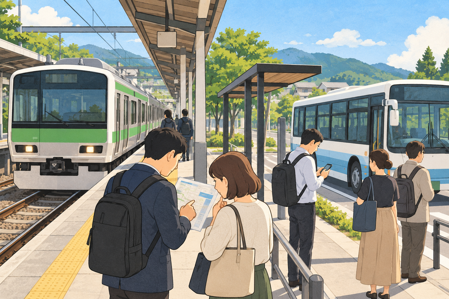 列車と代行バスを利用する移動のイラスト