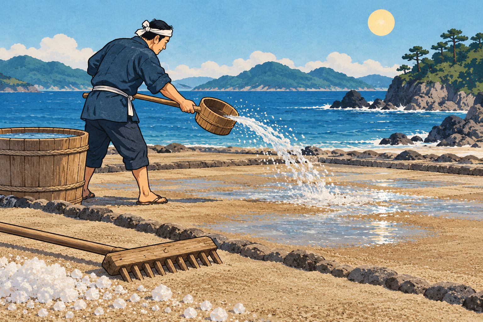 海水を砂地にまく揚げ浜式製塩のイラスト