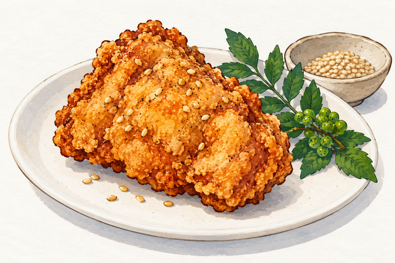 ごまと山椒を添えたフライドチキンのイラスト