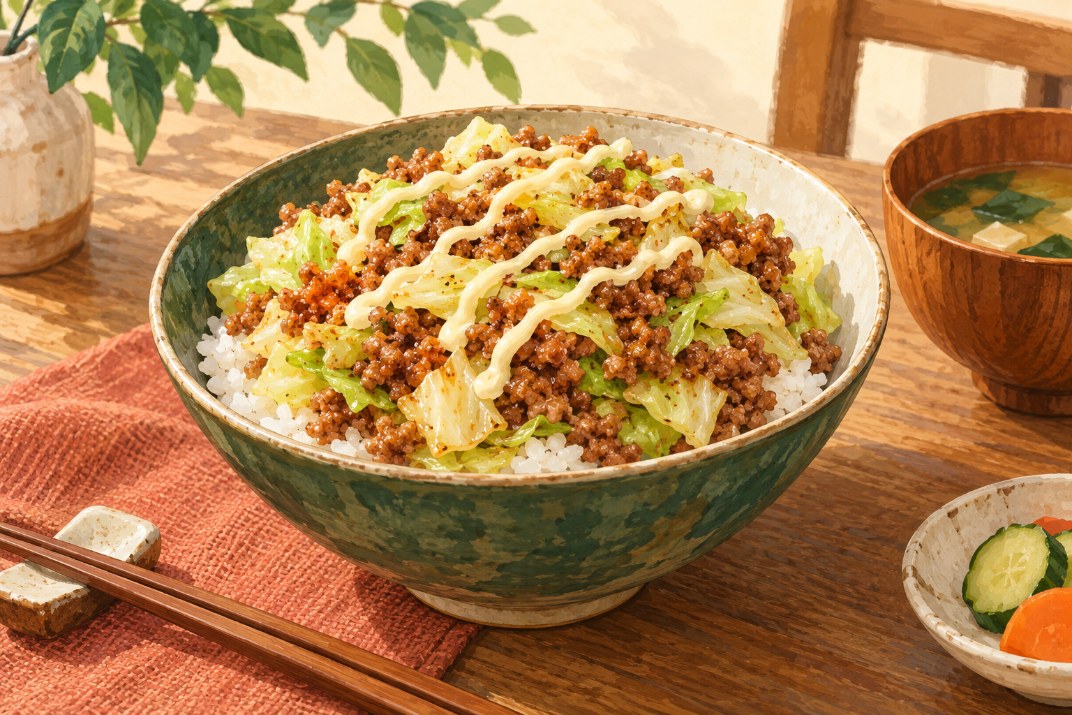 加熱した餃子の具を使った丼のイラスト