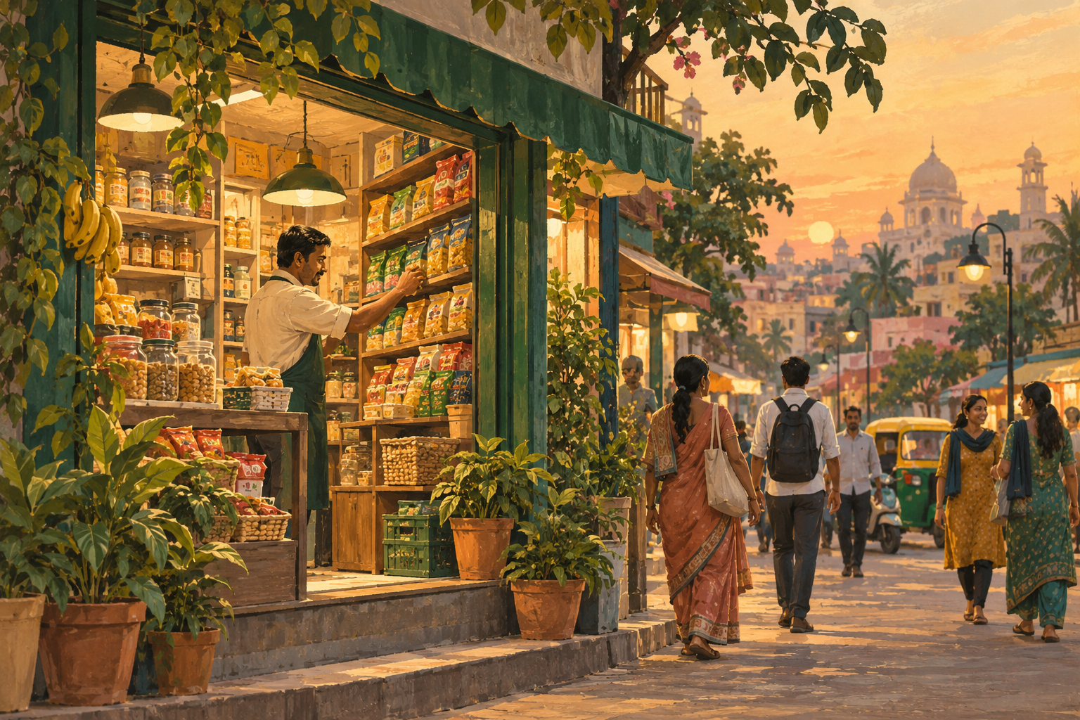 インドの街と小売店を描いたイラスト