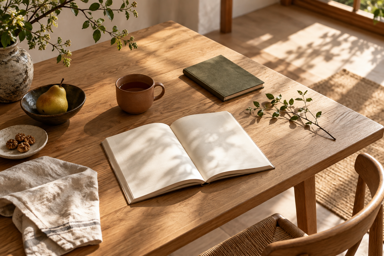 木のテーブルに本やお茶、果物を並べた、暮らしと読書のイメージ