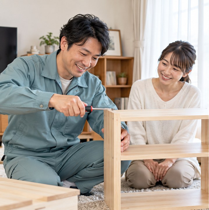 家具の組み立てを手伝うスタッフと依頼者のイメージ