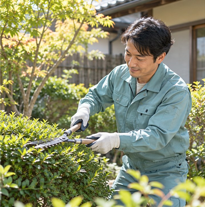 庭の低木を手入れするスタッフのイメージ