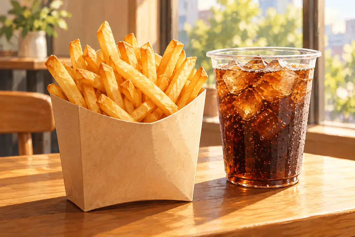 フライドポテトとコーラのAI生成イメージ。実際の商品とは異なります。