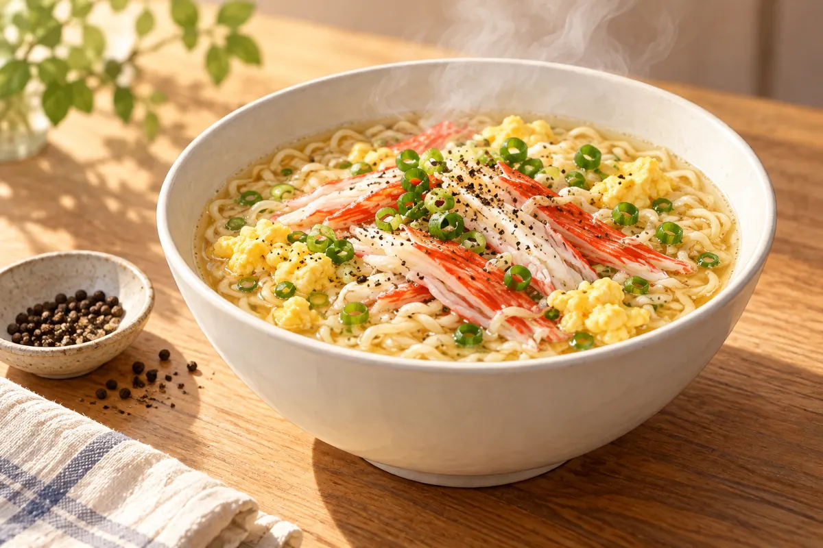黒胡椒とカニカマ、たまご、ネギを添えた麺のAI生成イメージ。実際の商品とは異なります。